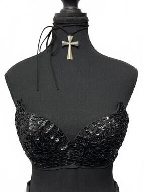 Y2K BH Jeans Black Sequinned Bra Sz 34B/C Goth Rave Punk